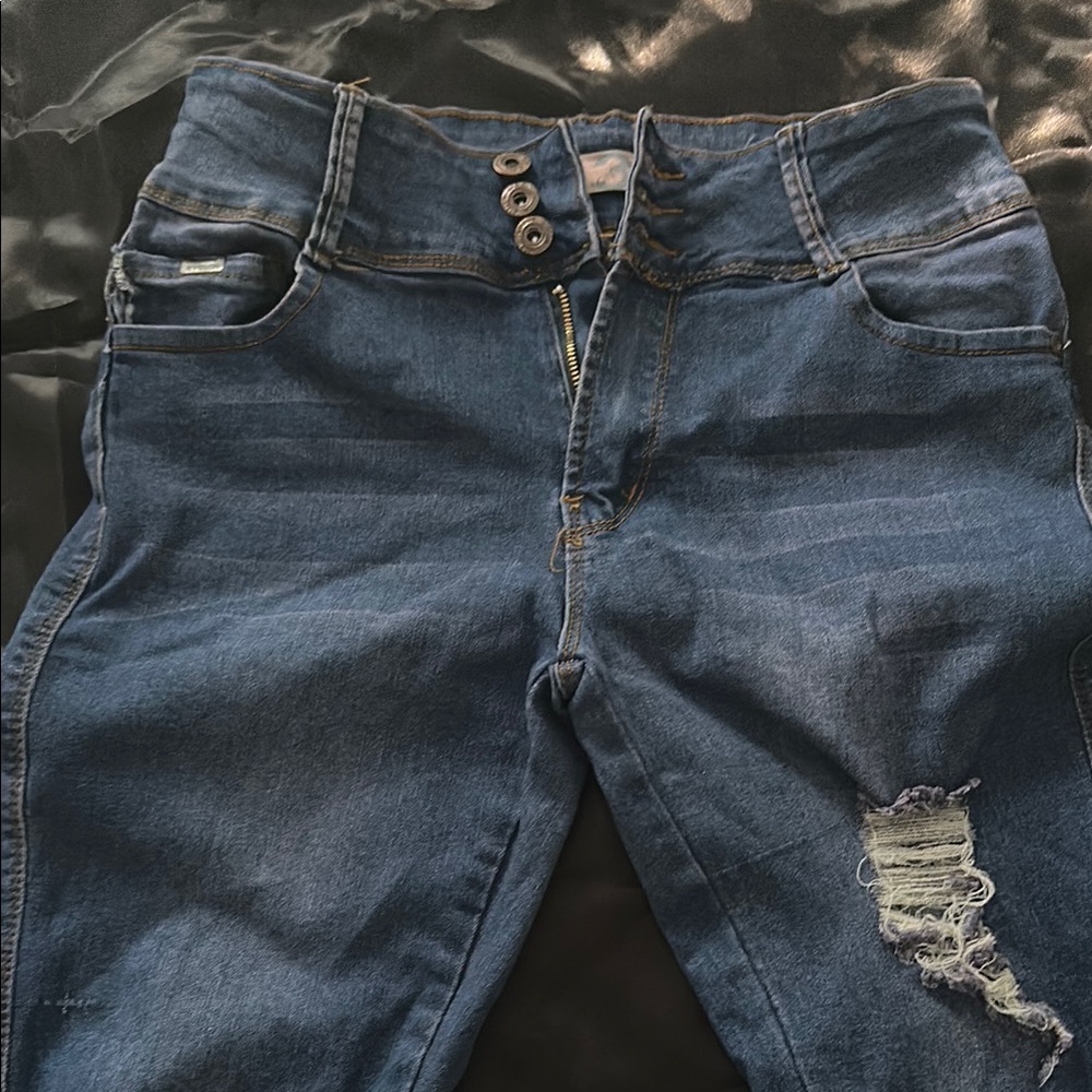 Blue Straight Leg Jeans with Distressed Details